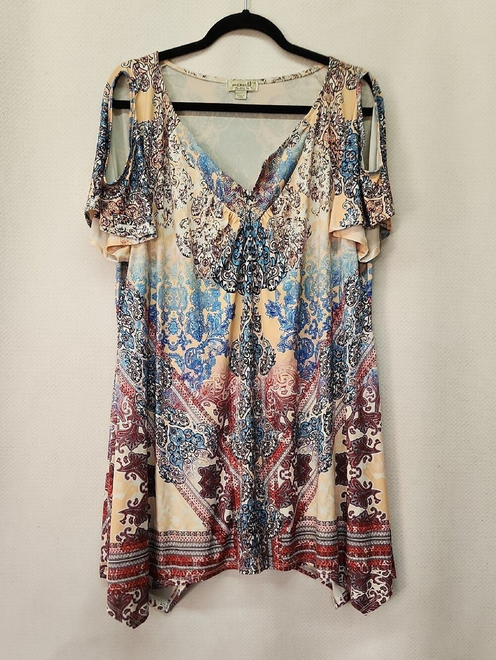 ONE WORLD Beige, Blue & Burgundy Paisley Cold-Shoulder Tunic